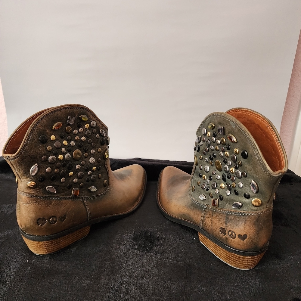 Embellished Leather Ankle Boots - Brown and Gray - Picture 2 of 9